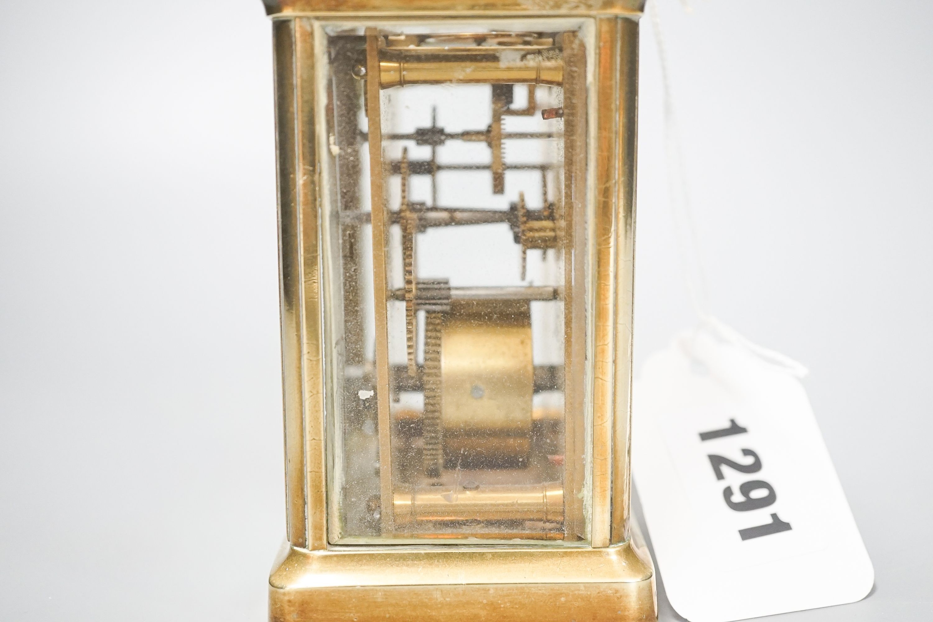 An early 20th century lacquered brass carriage timepiece, 10.5cm